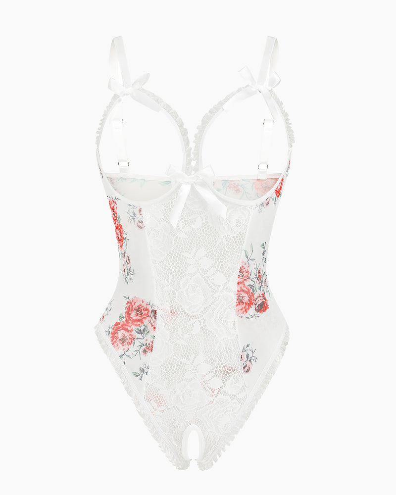 Avidlove white floral lace mini bodysuit with cutout bra, ruffle trim, and crotchless design