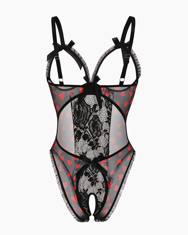 Avidlove black lace bodysuit with heart pattern, cutout bra, and crotchless design. Sexy lingerie.
