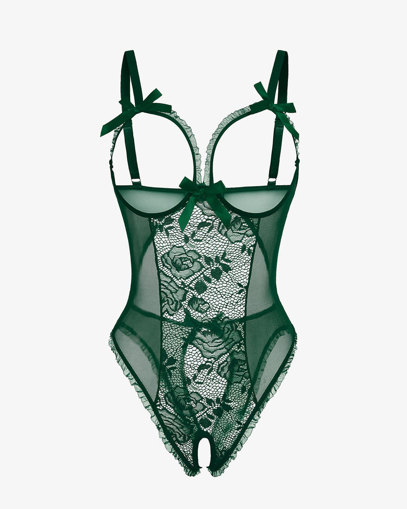 Green lace mini bodysuit with cutout bra, ruffle trim, and bow by Avidlove. Sexy lingerie.