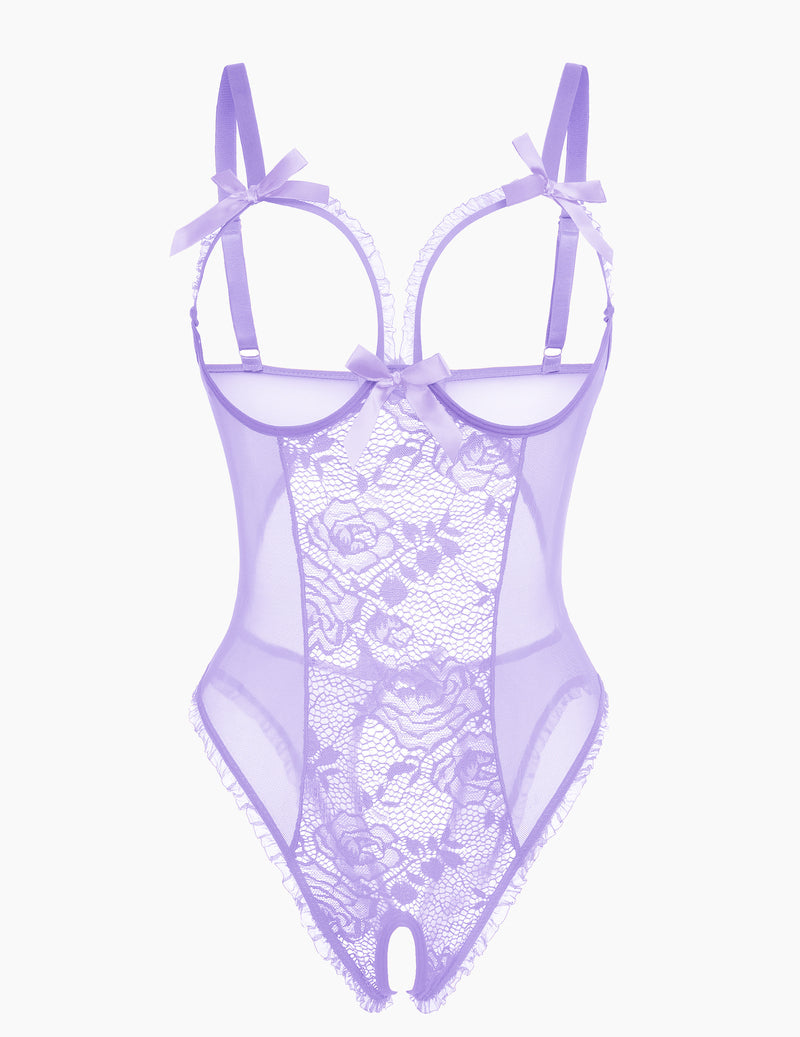 Lavender lace mini bodysuit with cutout bra, ruffle trim, and crotchless design by Avidlove