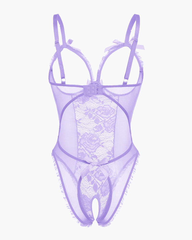 Avidlove light purple lace mini bodysuit, cutout bra, ruffle trim, crotchless