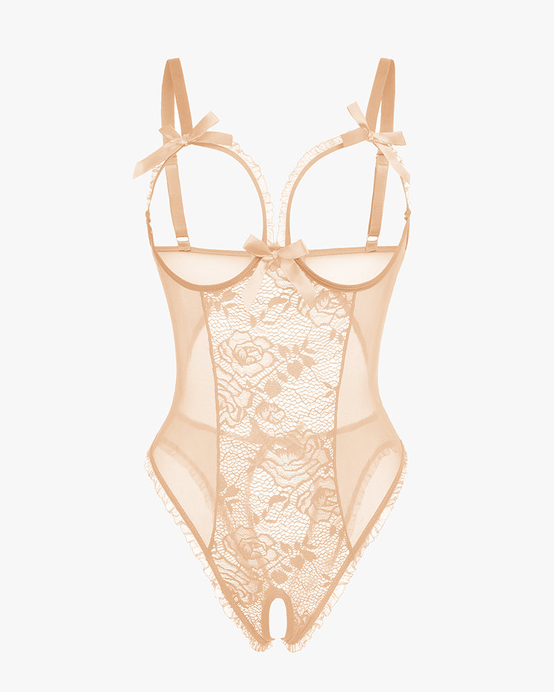 Avidlove nude lace mini bodysuit with cutout bra, ruffle trim, and crotchless design. Sexy lingerie.