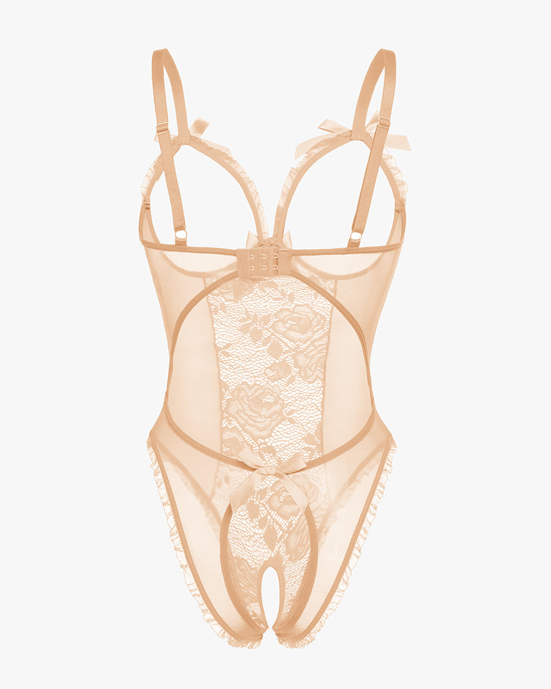 Avidlove beige lace mini bodysuit with cutout bra, ruffle trim, and crotchless.