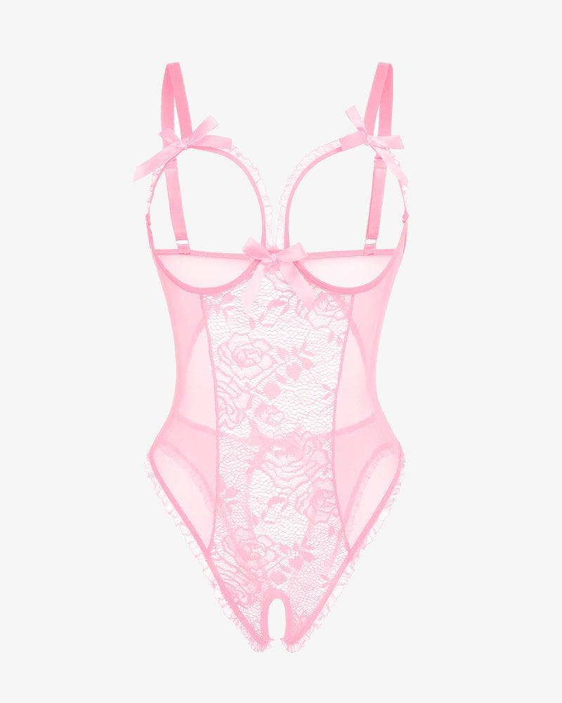 Pink lace mini bodysuit by Avidlove, cutout bra, ruffle trim, bow, and crotchless. Sexy lingerie.