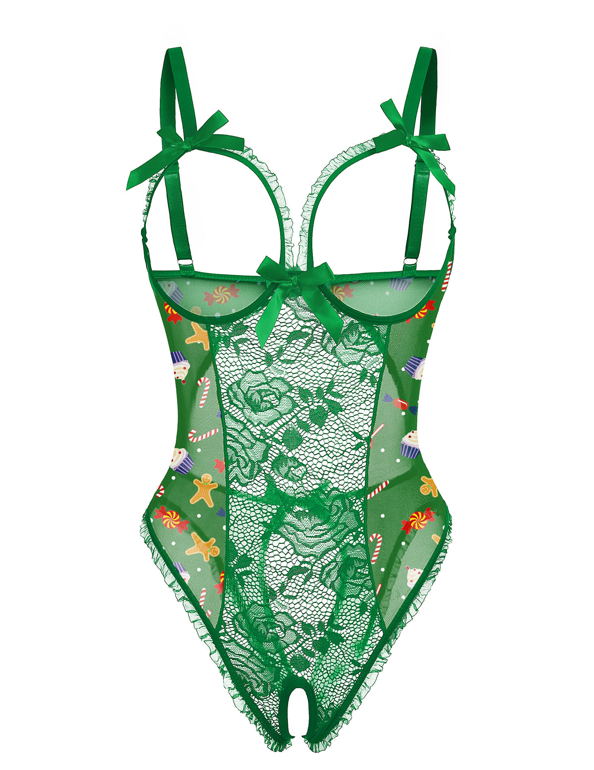 Green lace mesh open-cup crotchless teddy with holiday print and bow straps