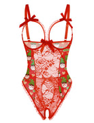Red lace mesh open-cup crotchless teddy with elf and heart holiday print, bow straps