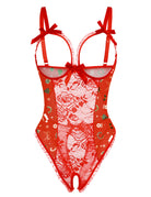 Red lace mesh open-cup crotchless teddy with bow-tied straps and holiday print