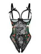 Black lace mesh open-cup crotchless teddy with festive print sides and bow straps
