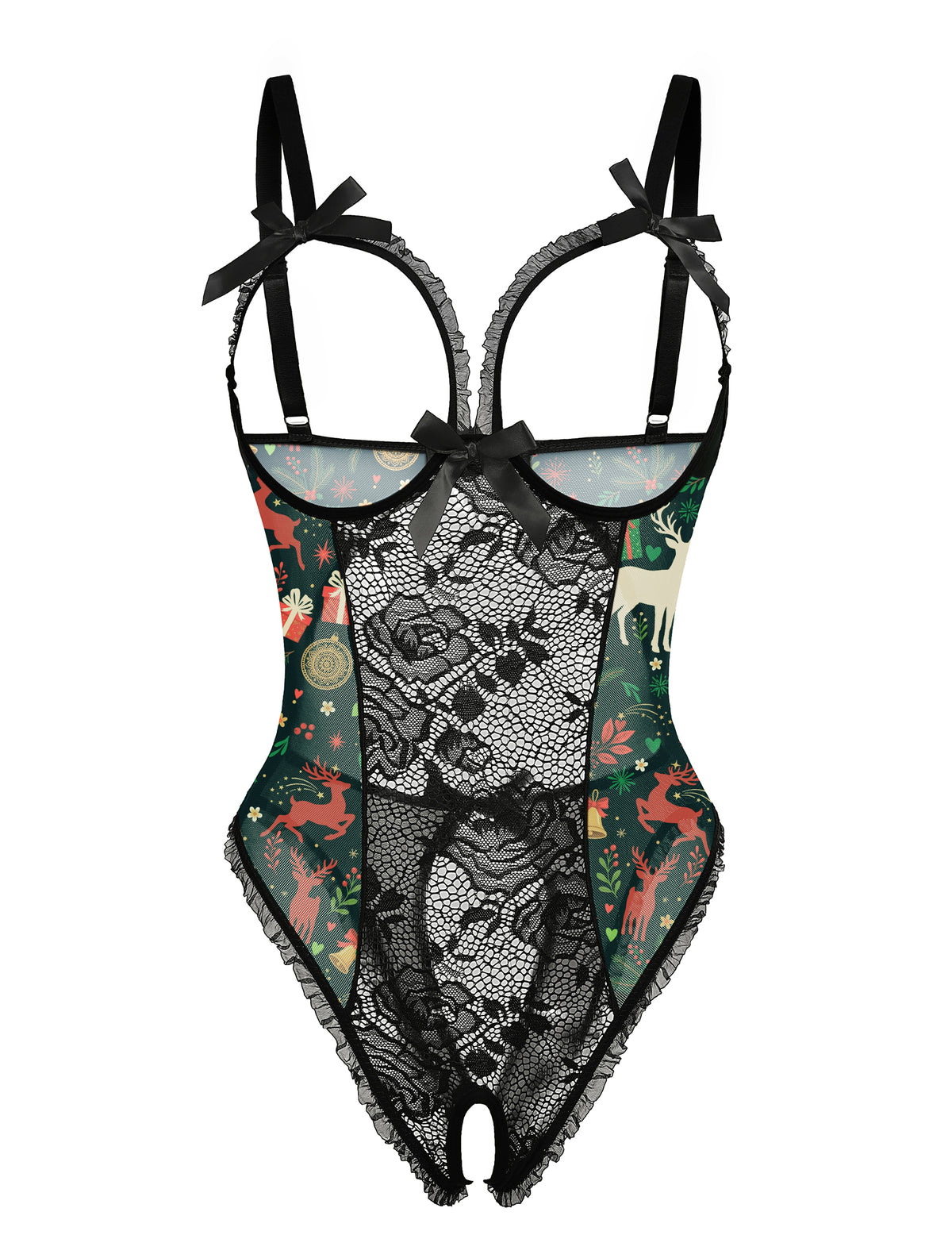 Black lace mesh open-cup crotchless teddy with festive print sides and bow straps