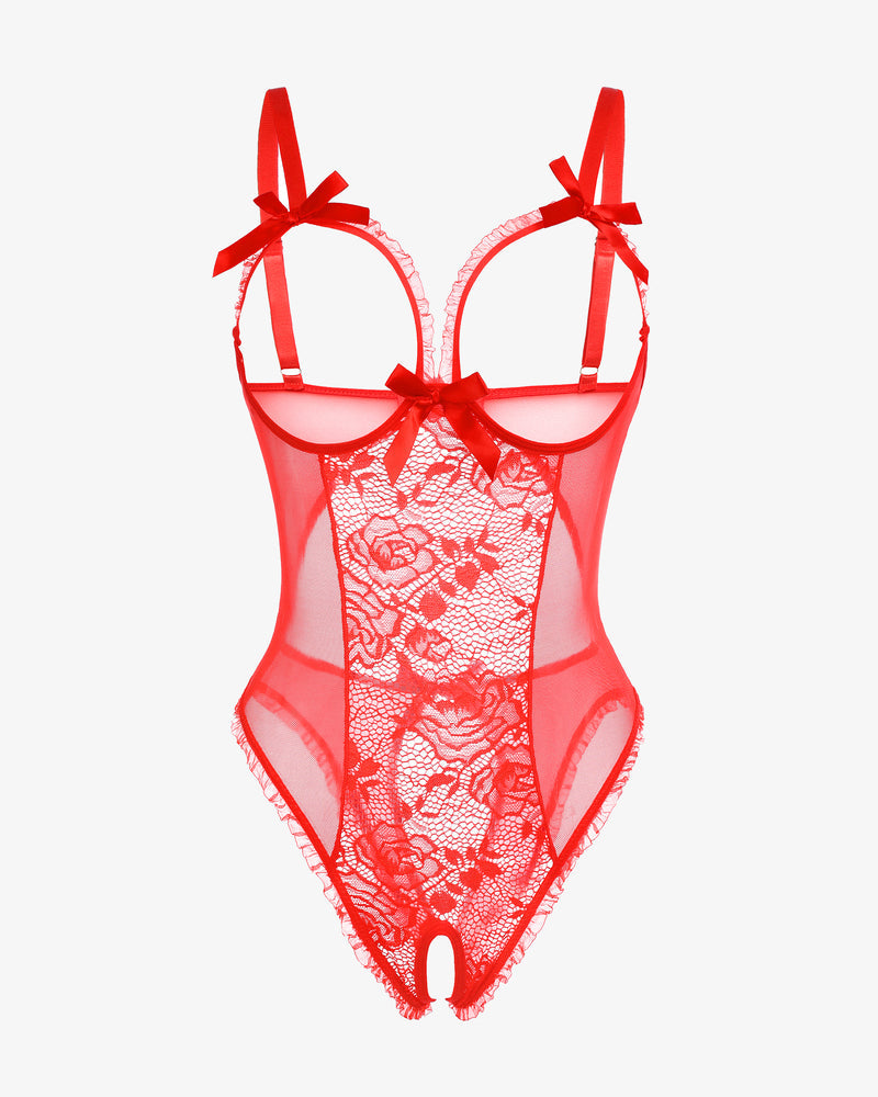 Red crotchless lingerie bodysuit with floral lace, bow details, and cutout bra design
