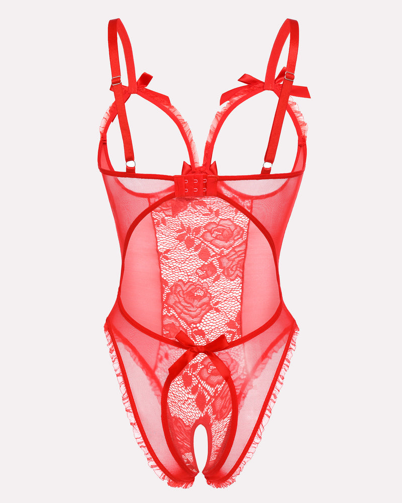 Red floral lace mini bodysuit. Cutout design, adjustable straps, crotchless style. Sexy lingerie.