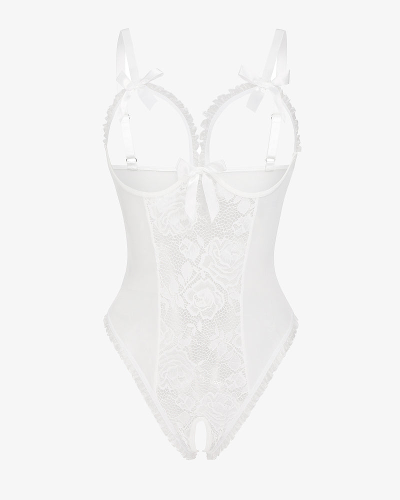 Avidlove White Crotchless Lingerie Bodysuit with Lace, Bows, and Cutout Bra; Sexy design