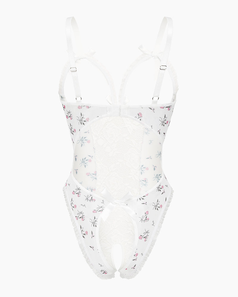 Avidlove white floral lace mini bodysuit with cutout bra, ruffle trim, and crotchless design.