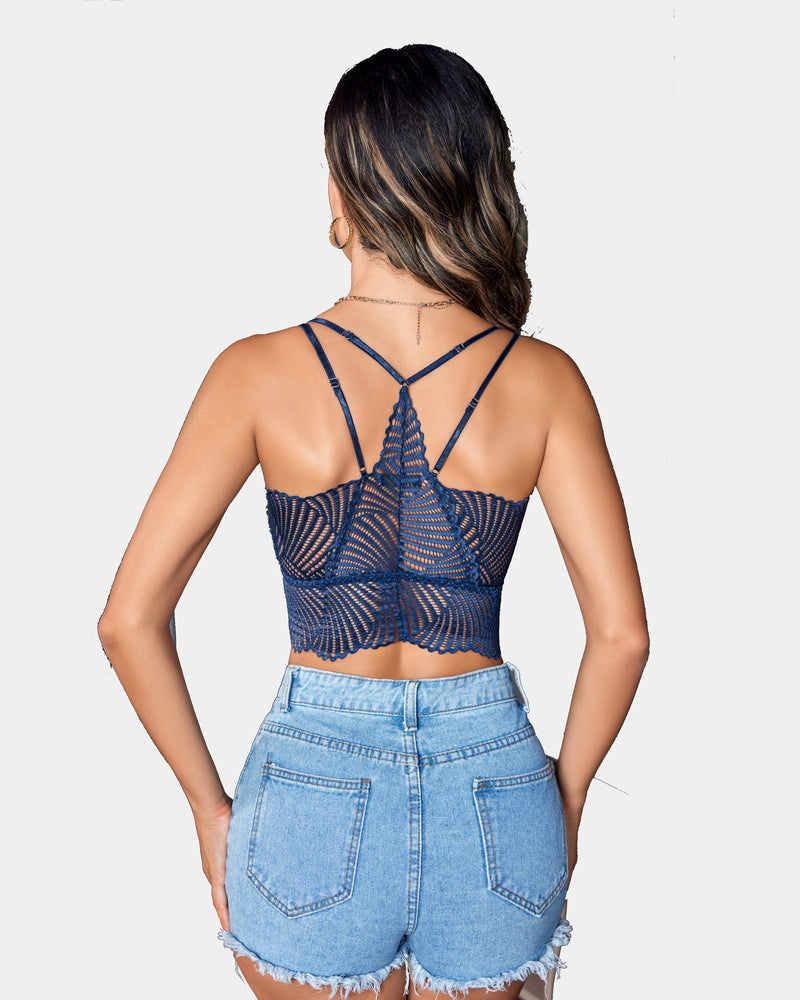 Navy lace Avidlove V-neck racerback crop top with adjustable straps, on woman in denim shorts.
