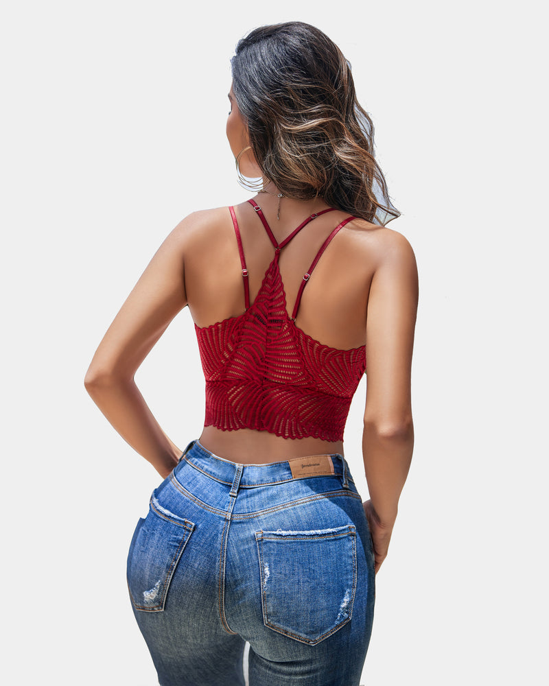 Red lace V-neck racerback crop top with blue jeans, back view, Avidlove lingerie