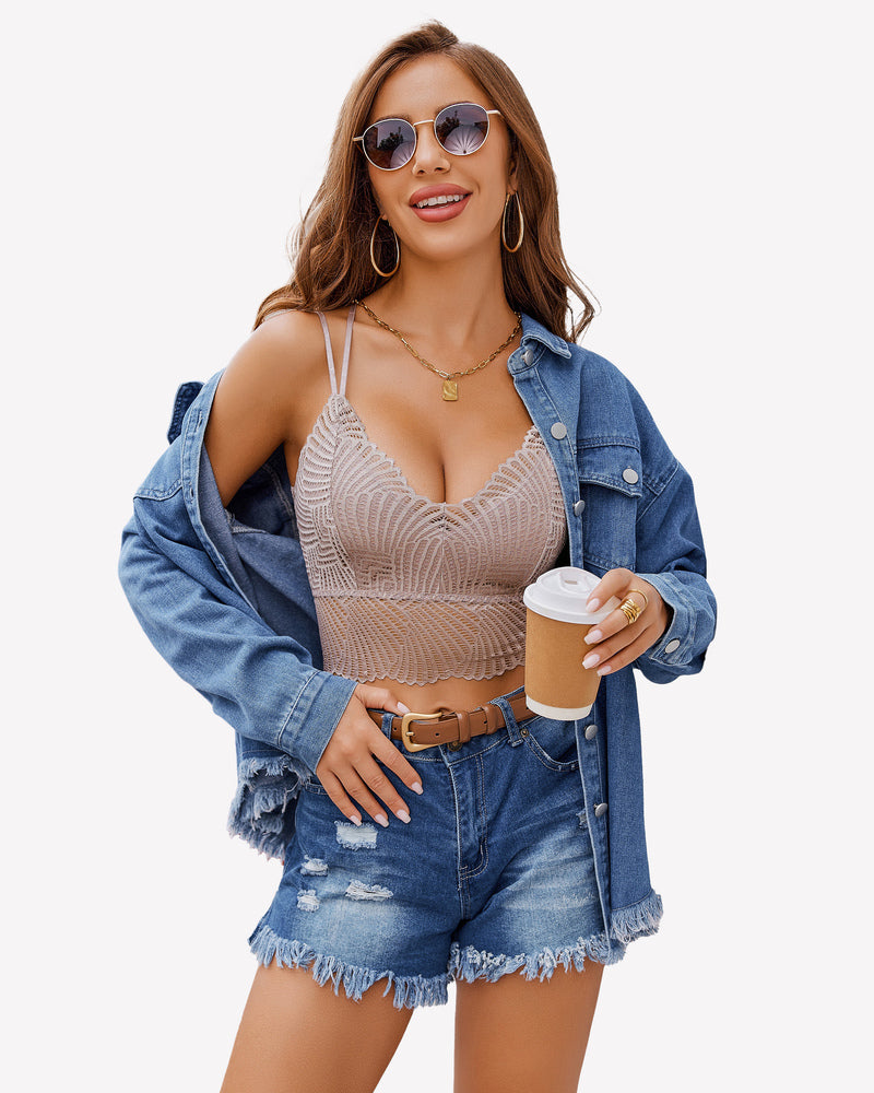 Avidlove V-neck lace crop top with denim shorts and jacket, stylish lingerie