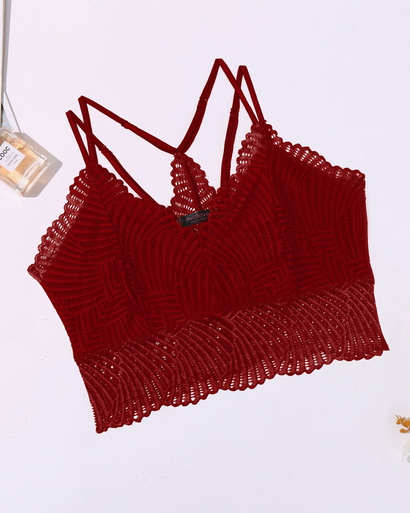 Avidlove red lace V-neck crop top, adjustable straps, sexy lingerie, scalloped edge design