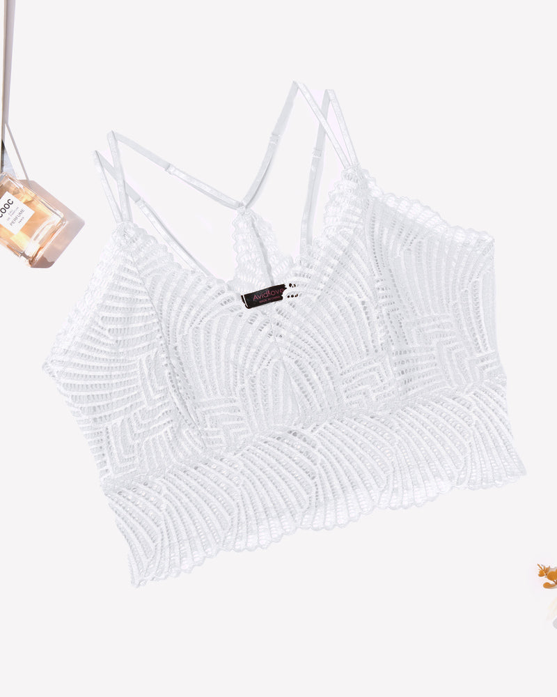 White lace Avidlove V-neck crop top with adjustable straps, floral embroidery, scalloped edge design