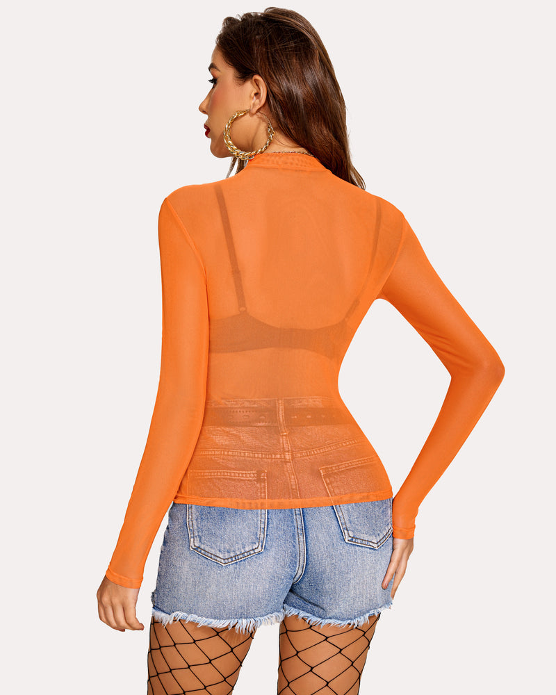Orange mesh crop top with denim shorts. See-through, sexy and confident look.