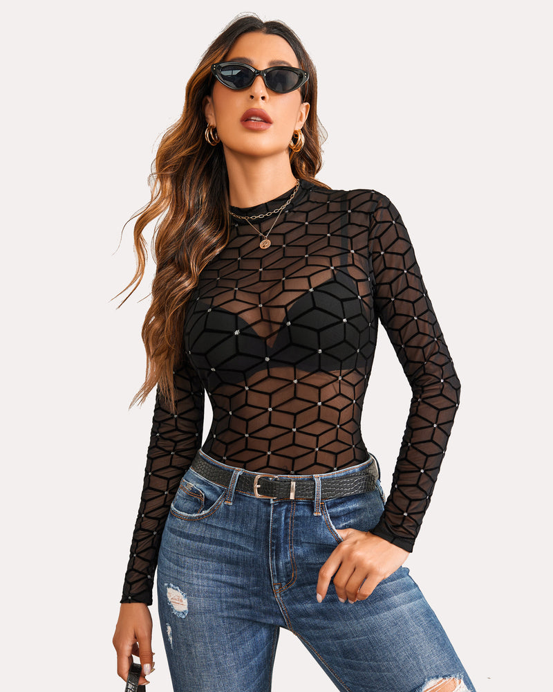 Geometric black mesh crop top with long sleeves and mock neck. Sensual lingerie for women.