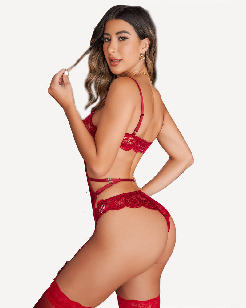 Red lace lingerie set with underwired bra, bodysuit, and garter belts. Show your curves.