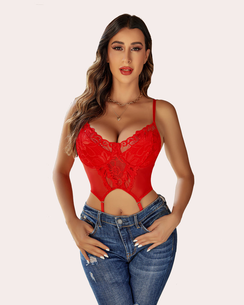 Red lace corset top with underwire and garter straps, paired with jeans. Sexy lingerie for women