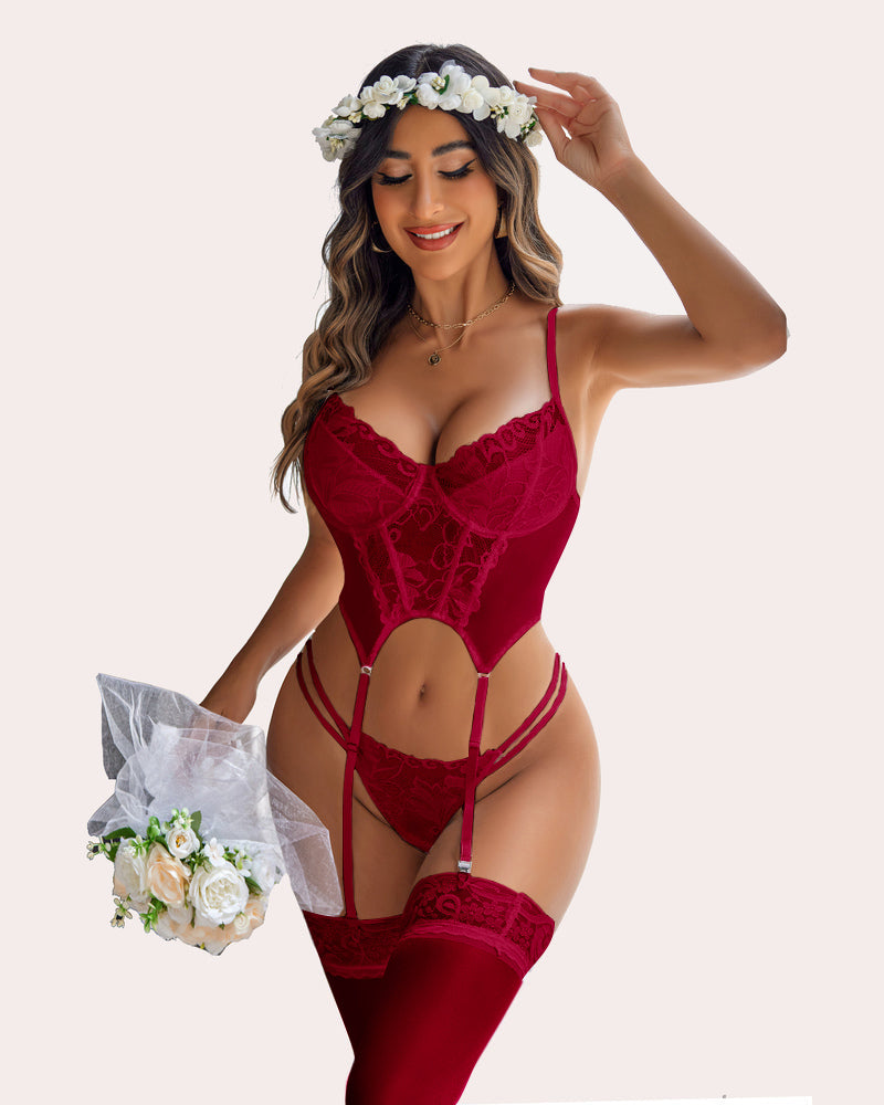 Red lace bridal corset set with garter straps, bouquet, and push-up bra. Sexy Avidlove lingerie
