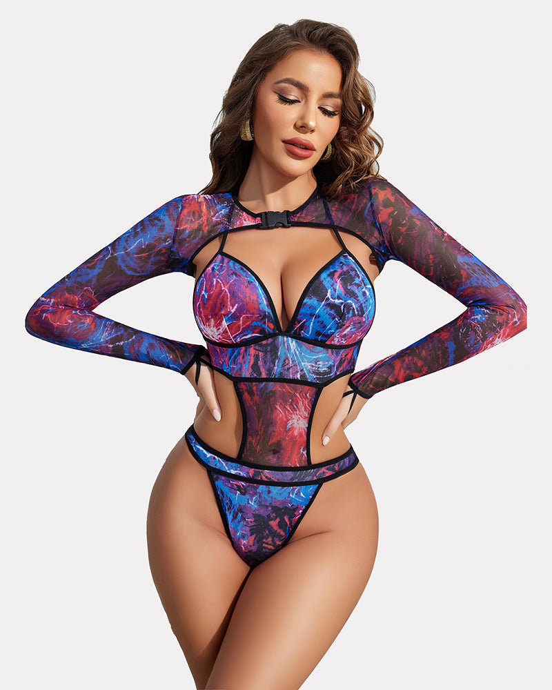 Marble print rave outfit: Halter bodysuit, mesh shrug with buckle. Sexy lingerie for raves.