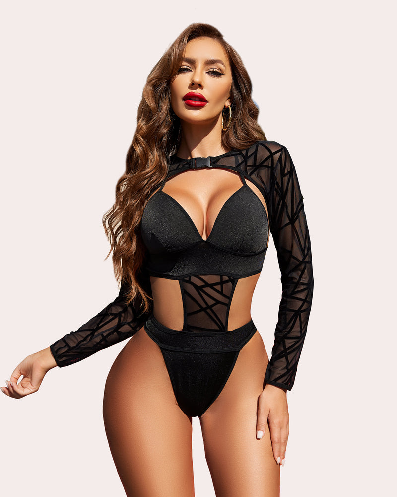 Black Buckle Shrug Bodysuit with Sheer Mesh Halter, a sexy lingerie set