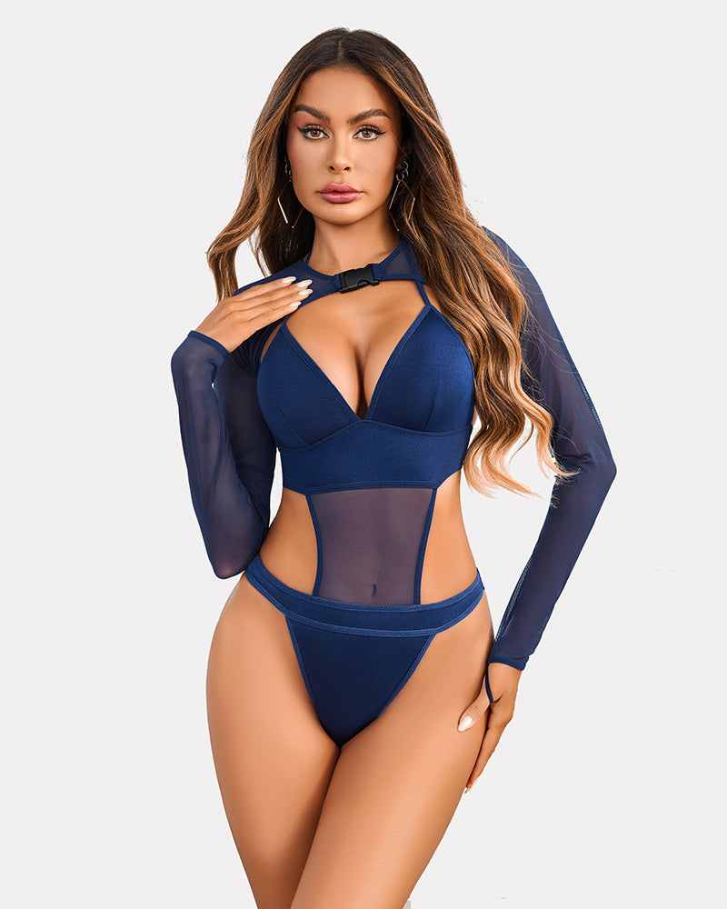 Navy blue Buckle Shrug Bodysuit Crop Top Set, sheer mesh, halter, and buckle closure. Sexy lingerie.