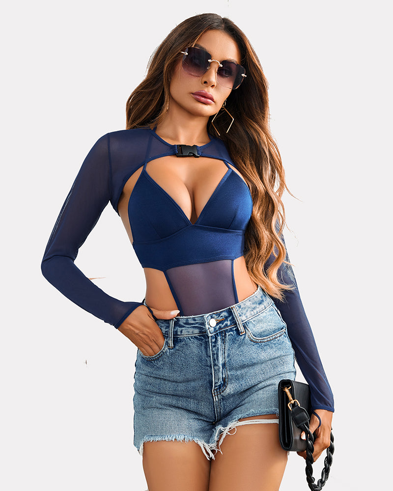Navy blue buckle shrug bodysuit crop top set with mesh and halter tie. Sexy lingerie.