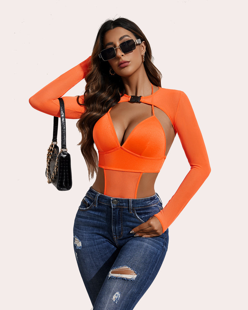 Orange Buckle Shrug Bodysuit Crop Top Set, halter bodysuit and shrug top, stylish and confident