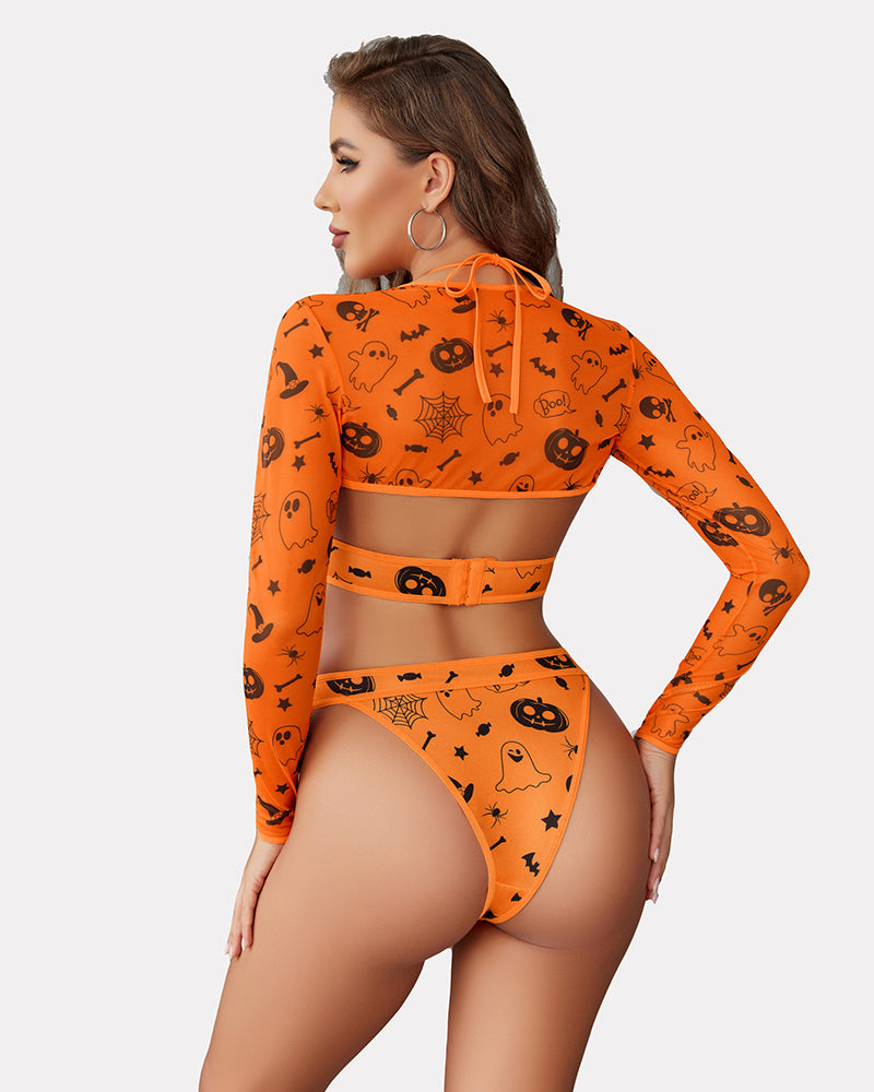 Orange Halloween rave set with black spooky prints. Halter bodysuit, mesh shrug, sexy lingerie.