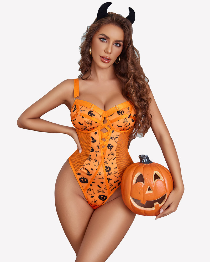 Halloween orange lace bodysuit with strappy front, mesh details; sexy lingerie