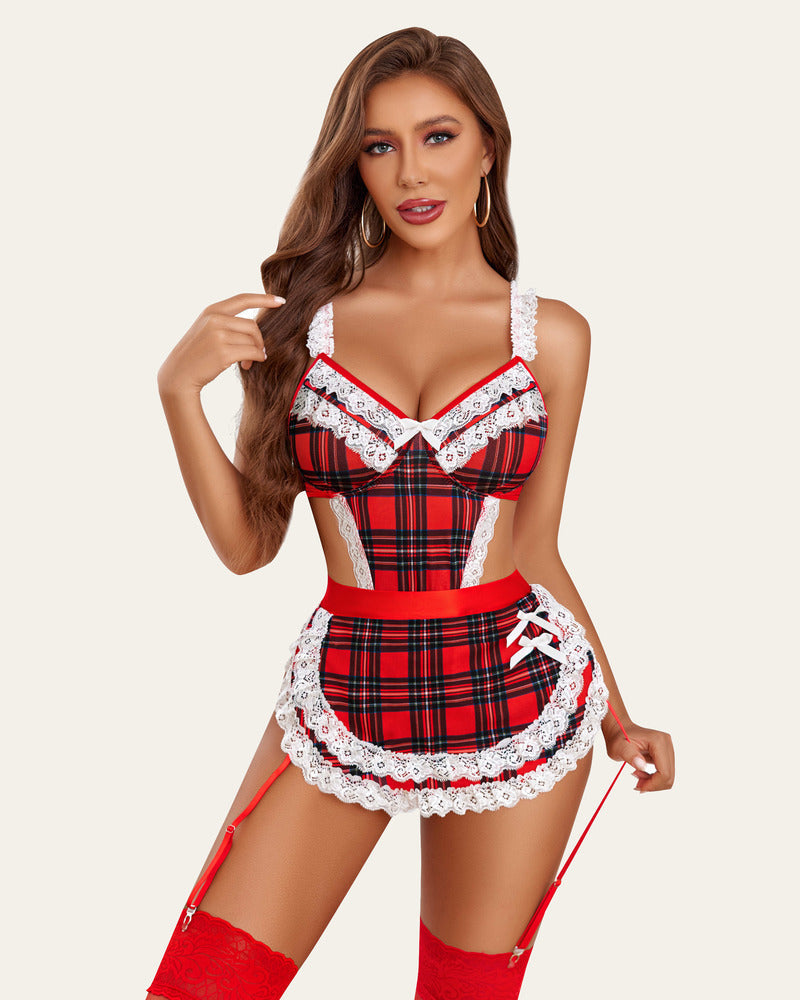 Red plaid French maid outfit with white lace trim and garter straps; sexy lingerie set