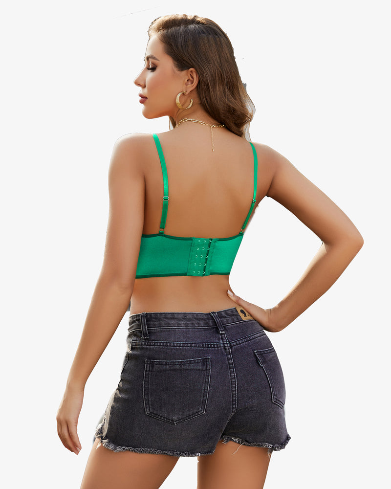 Green lace bustier cami top, back view on model, adjustable straps, lingerie style by Avidlove.