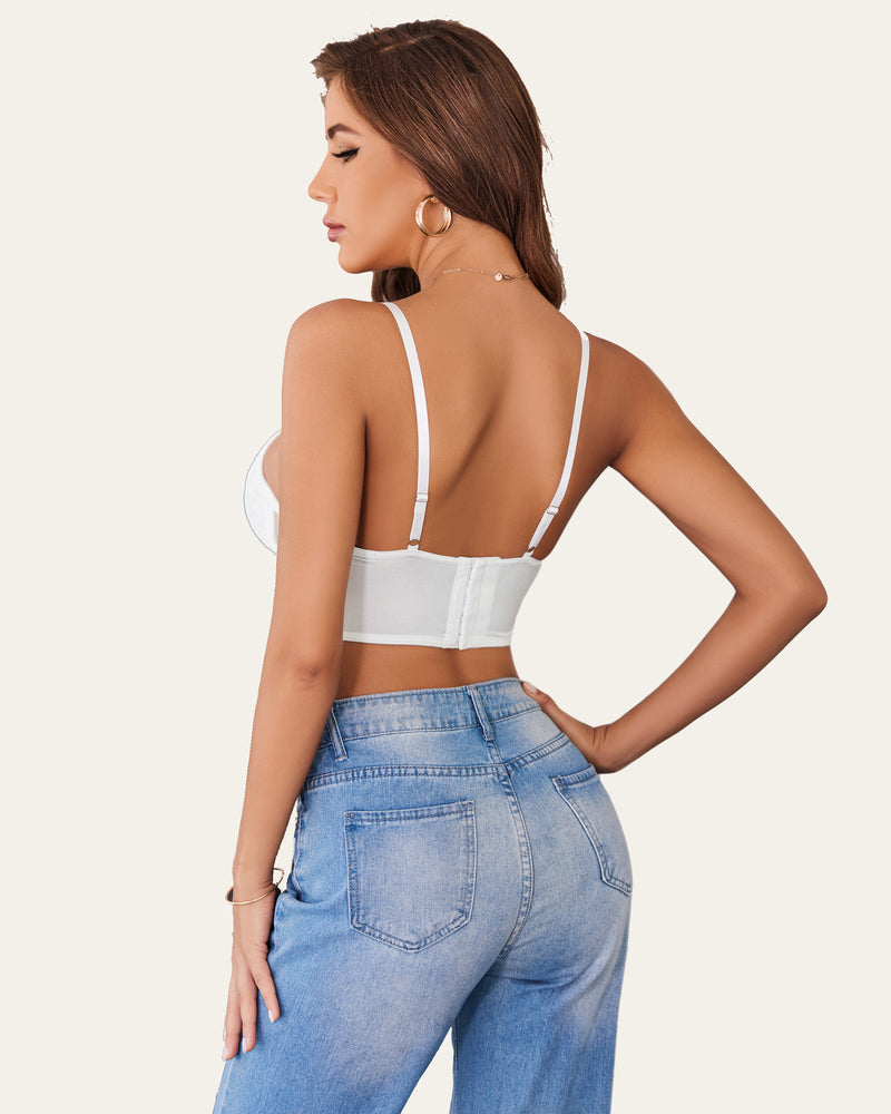 White lace bustier corset cami top, back view on model, adjustable straps, lingerie style