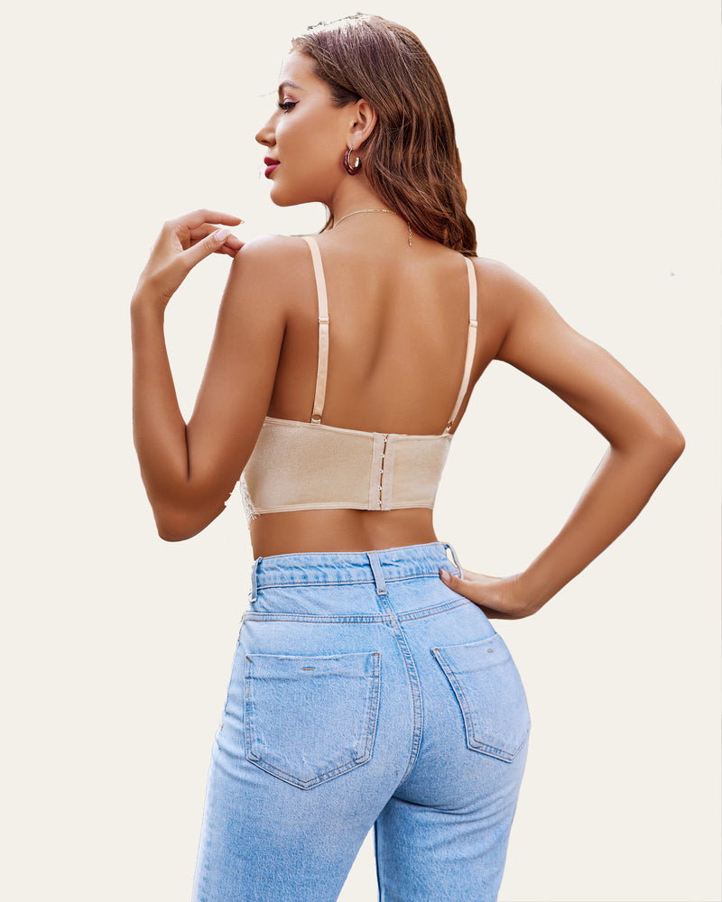 Beige lace bustier cami top back view, adjustable straps and lingerie style, featuring Avidlove
