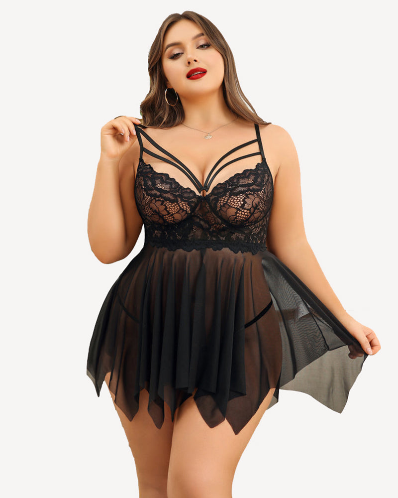 Plus Size Black Lace Bridal Babydoll Nightgown with adjustable straps and asymmetrical hem