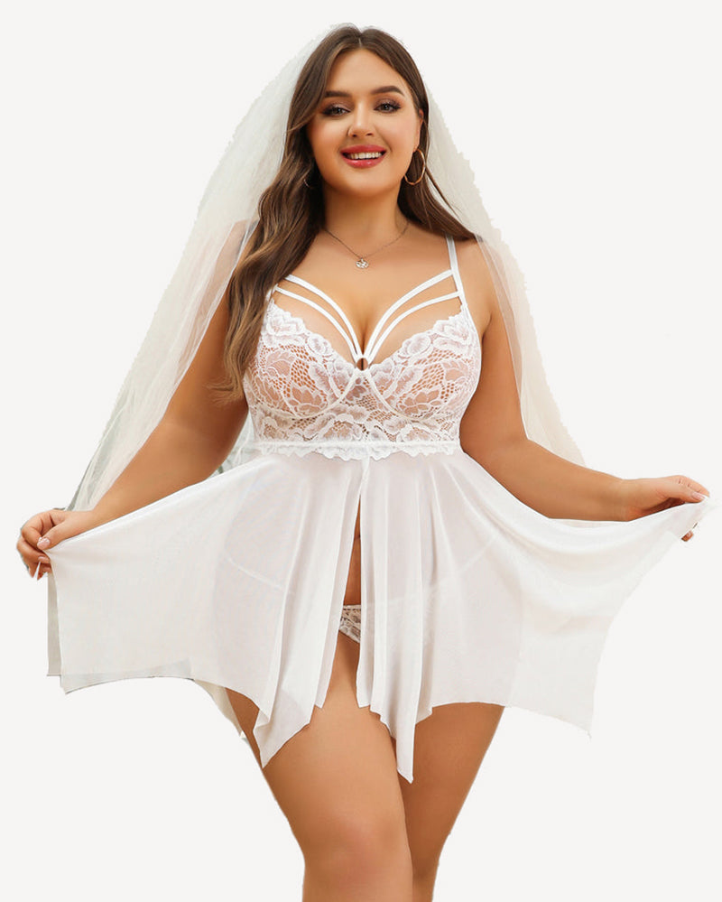 Plus size white lace bridal babydoll lingerie set with adjustable straps and asymmetrical hem