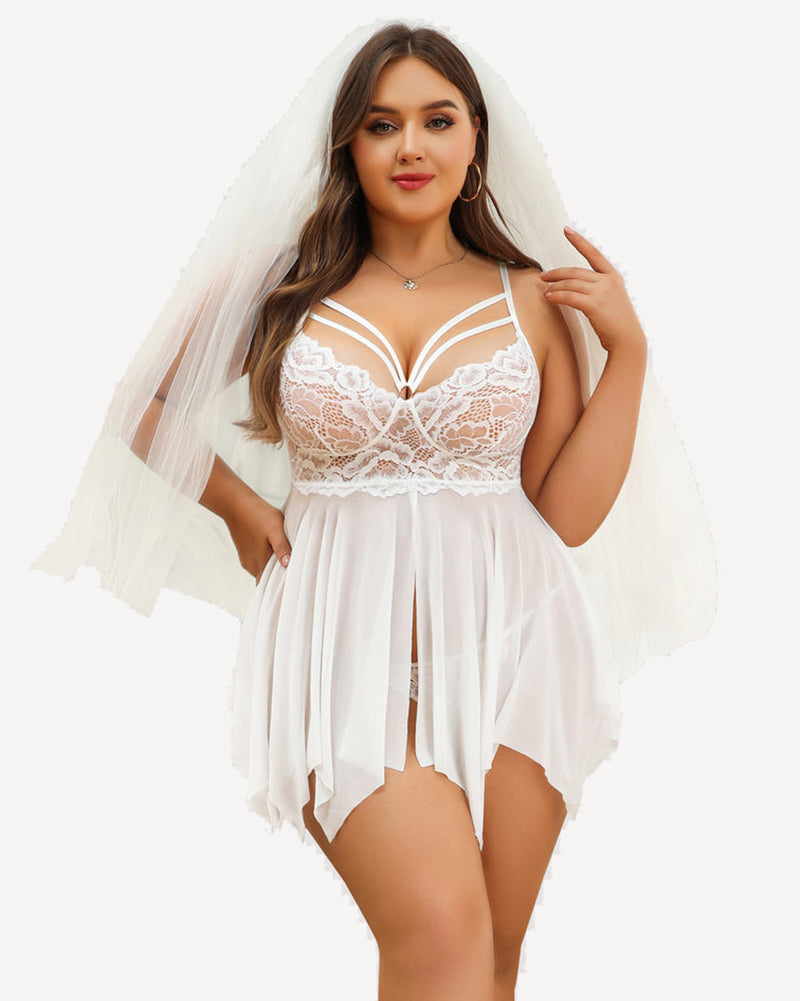 Plus Size White Lace Bridal Babydoll Nightgown with adjustable straps and asymmetrical hem
