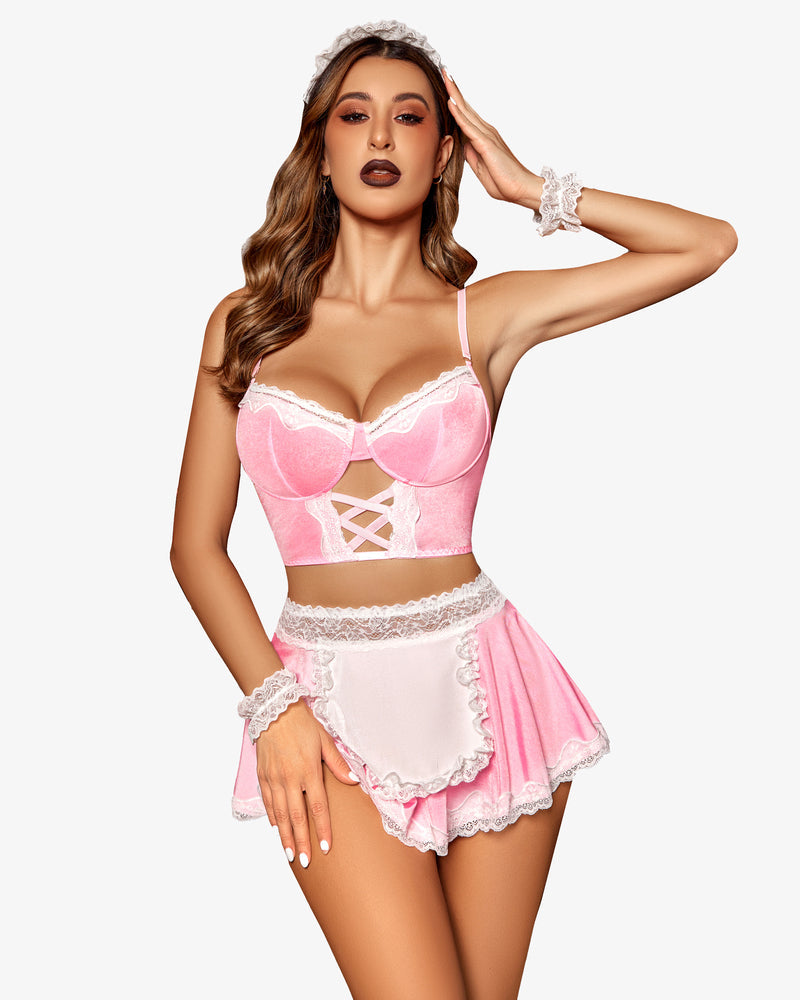 Pink maid costume set with lace trim, corset top, mini skirt, and accessories for a charming look.