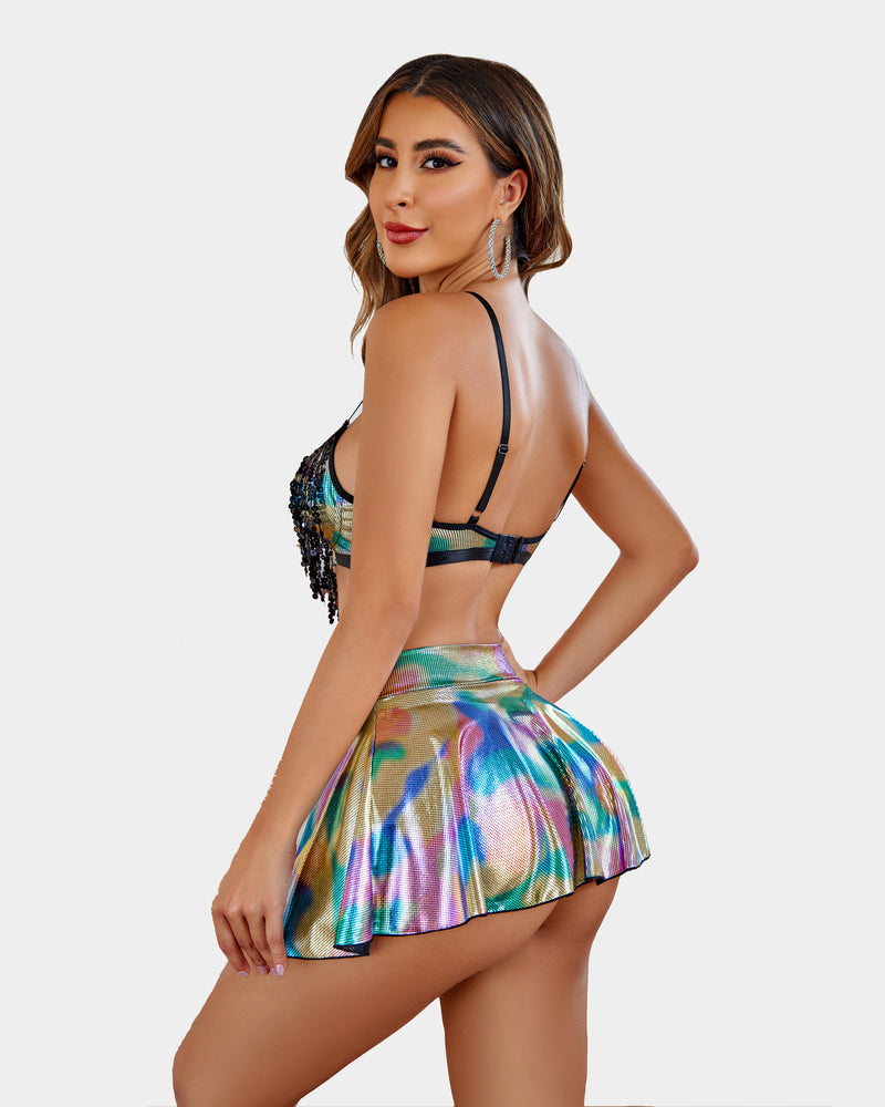 Holographic mini skirt set with sequin fringe crop top, perfect for a rave or night out.