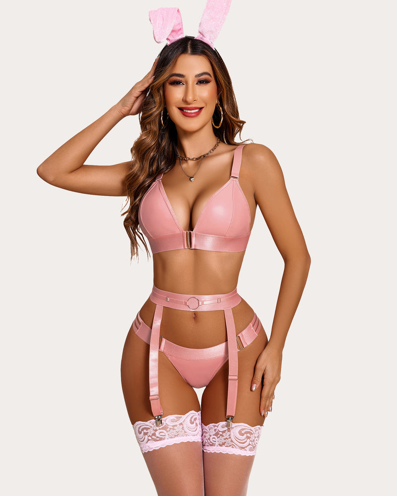 Pink leather lingerie with bunny ears. Bralette, garter belt and stockings. Sexy lingerie.