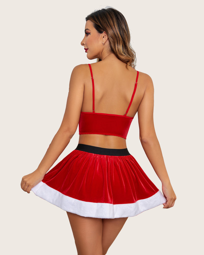 Red velvet Santa costume set for Christmas: camisole and skirt with white fur trim details.