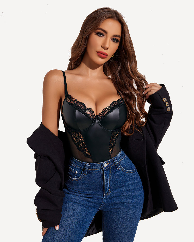 Black push-up teddy with faux leather and lace details, woman in jeans and blazer