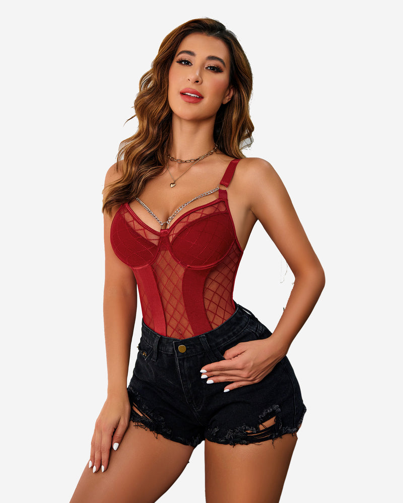 Avidlove red mesh bodysuit with chain, underwire, and garter belt. Sexy lingerie with black shorts.