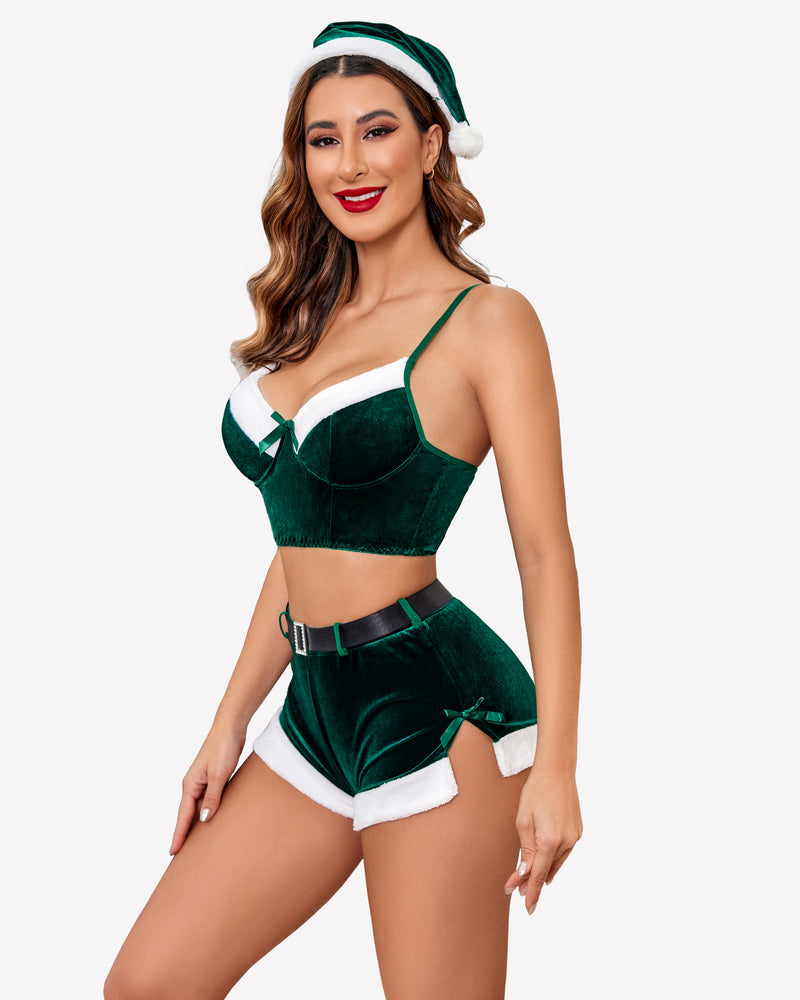 Green velvet Santa lingerie set with fur trim, black belt, and hat. Christmas outfit for women.
