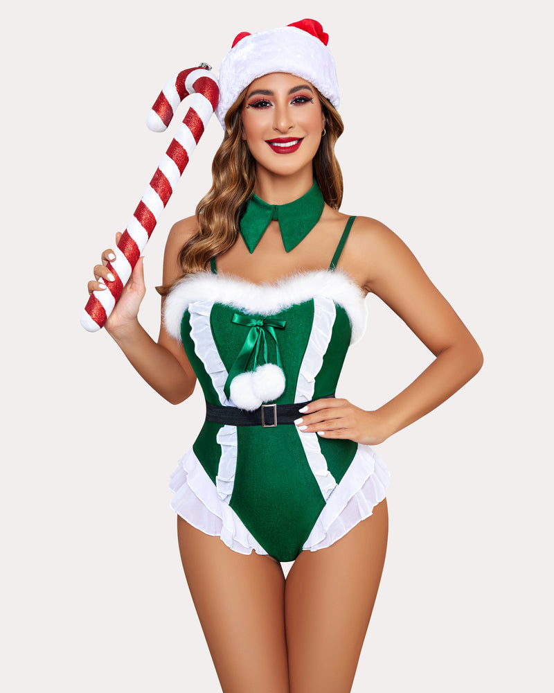 Christmas green bodysuit with white trim, black belt, and Santa hat; holiday lingerie outfit