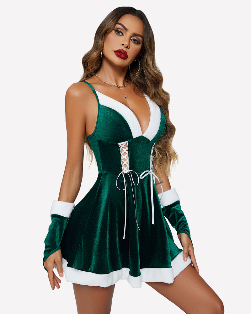 Green velvet Santa babydoll set with white trim, lace-up front, gloves. Christmas lingerie.